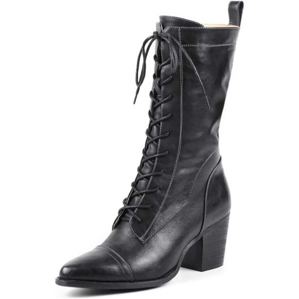 Women's Mid Calf Boots Lace up Combat Boots Leather Side Zipper Winter Boots